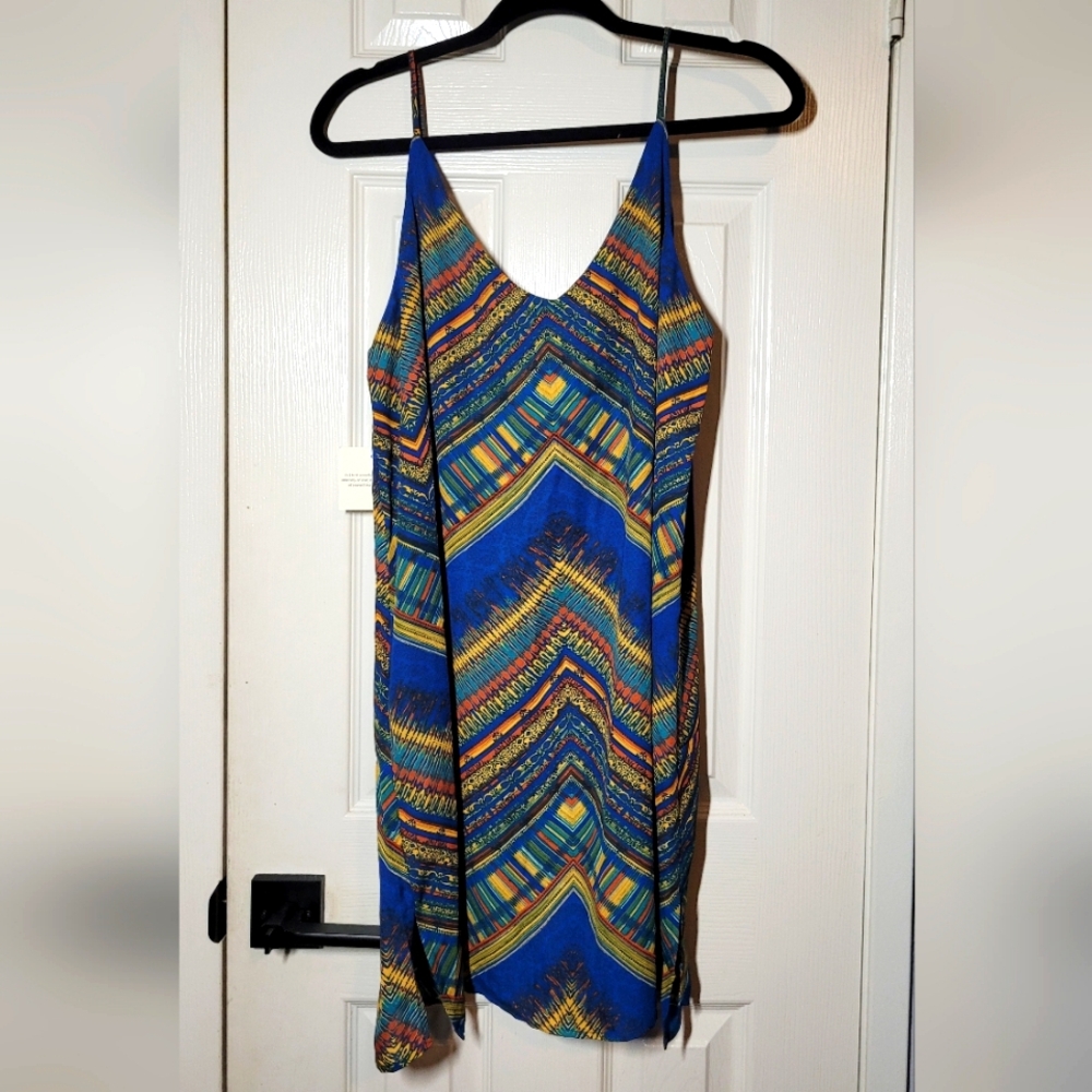 Meraki Multicolor Geometric flowy Midi Dress w/spaghetti straps• XL *NEW*
